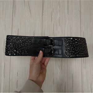 BCBG MaxAzria Black Wide Eyelet Waist Belt with Double Buckles, Size Small